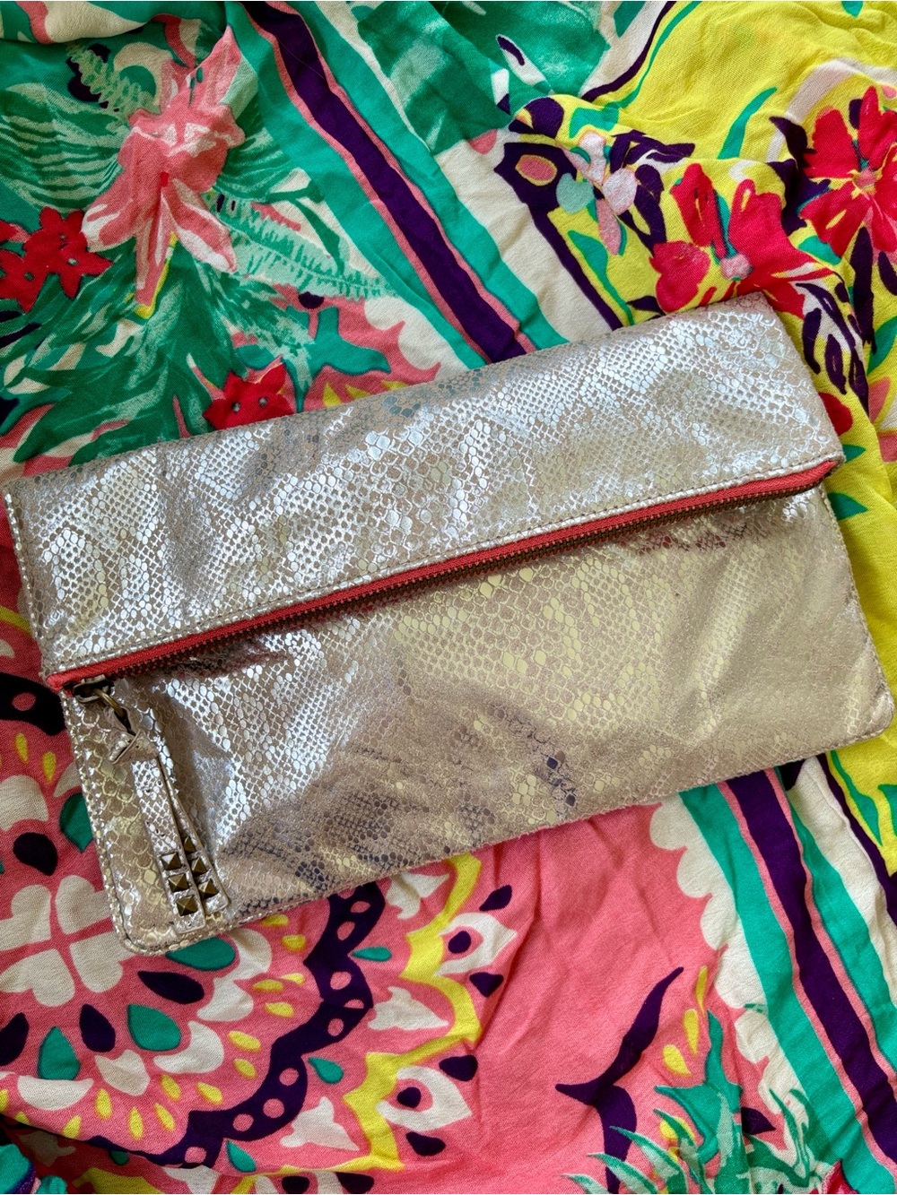 American Eagle Metallic Snakeskin Foldover Clutch Magnetic Snap Close Coral Zip